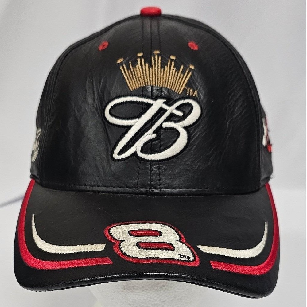 Dale Earnhardt Jr 8 Budweiser NASCAR Leather Hat Chase Authentics Black Red Cap